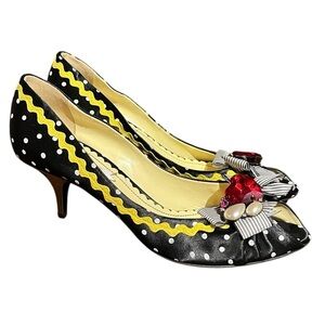 NEW BB Black White Polka Dot Embellished Peep Toe Kitten Heel Pumps ITALIAN MADE